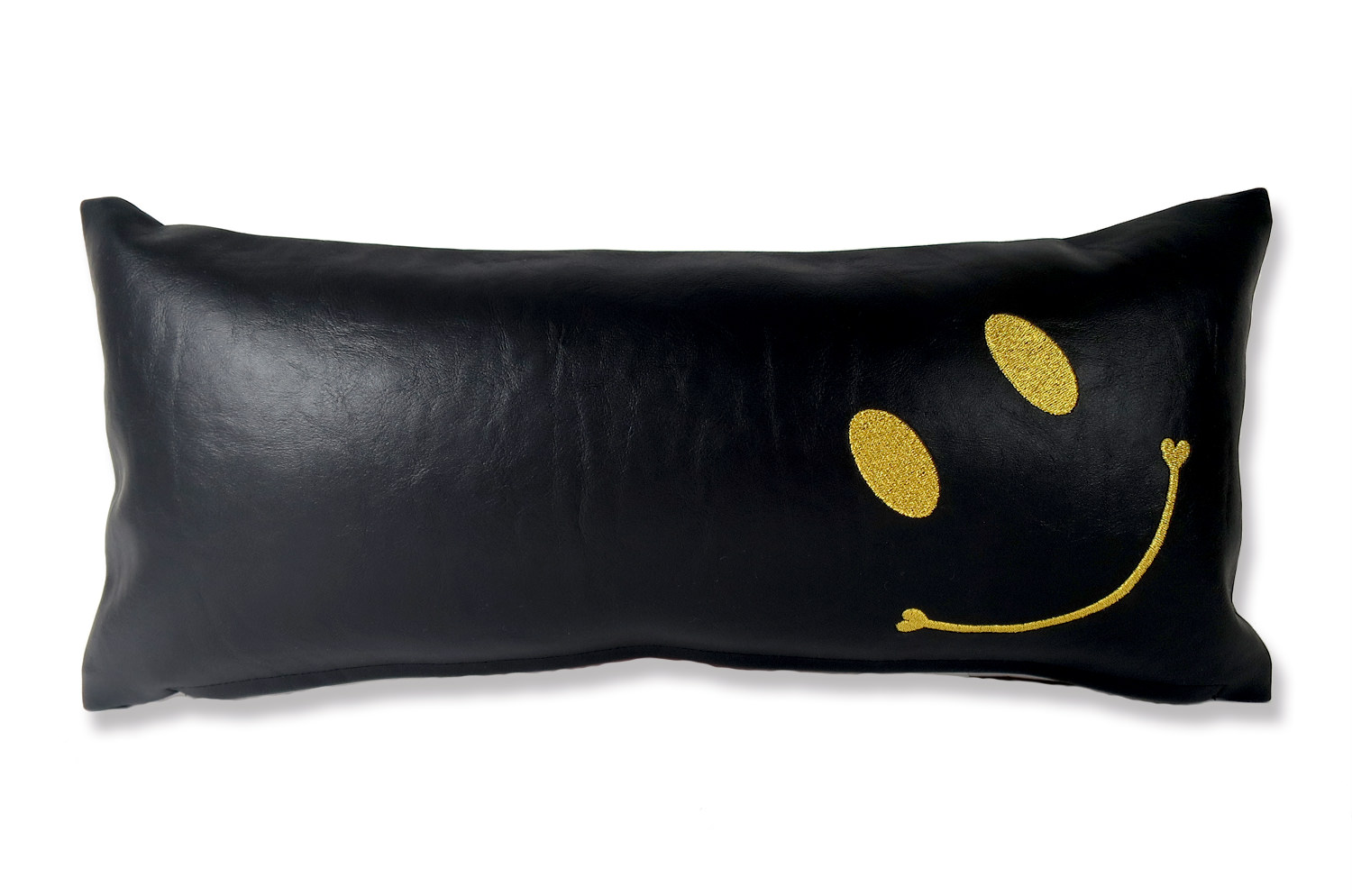 高級感漂うゴールドスマイル刺繍が人気の定番『ニコフェイス』横長クッション（ブラック）
