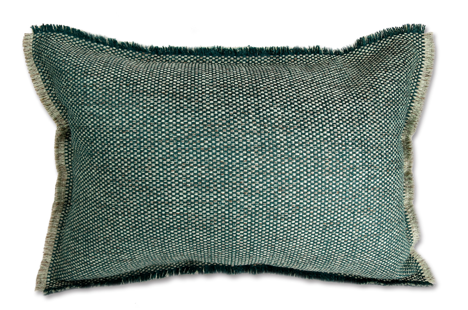 シャギーフリンジが自然派のインテリアを演出してくれるジャガード織の横長クッション(グリーンミックス）45(48)×30(33)cm
