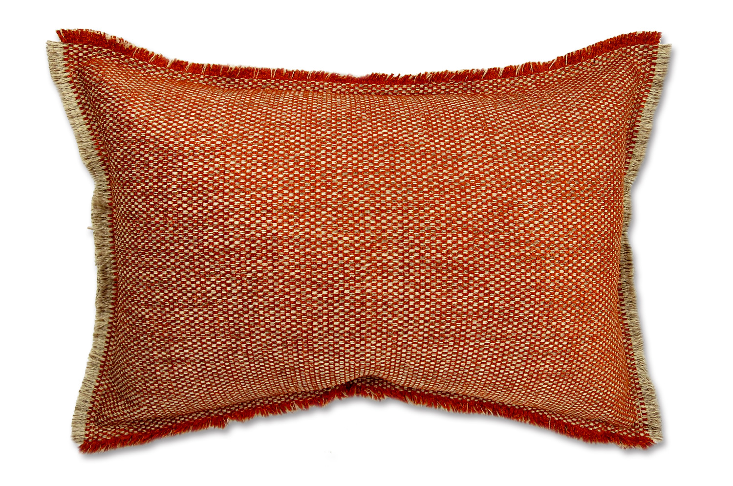 シャギーフリンジが自然派のインテリアを演出してくれるジャガード織の横長クッション(オレンジミックス）45(48)×30(33)cm