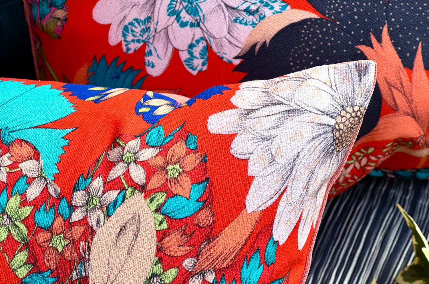 The French cotton コットン100% French＆Italian キモノフラワー クッションカバー 45×45cm