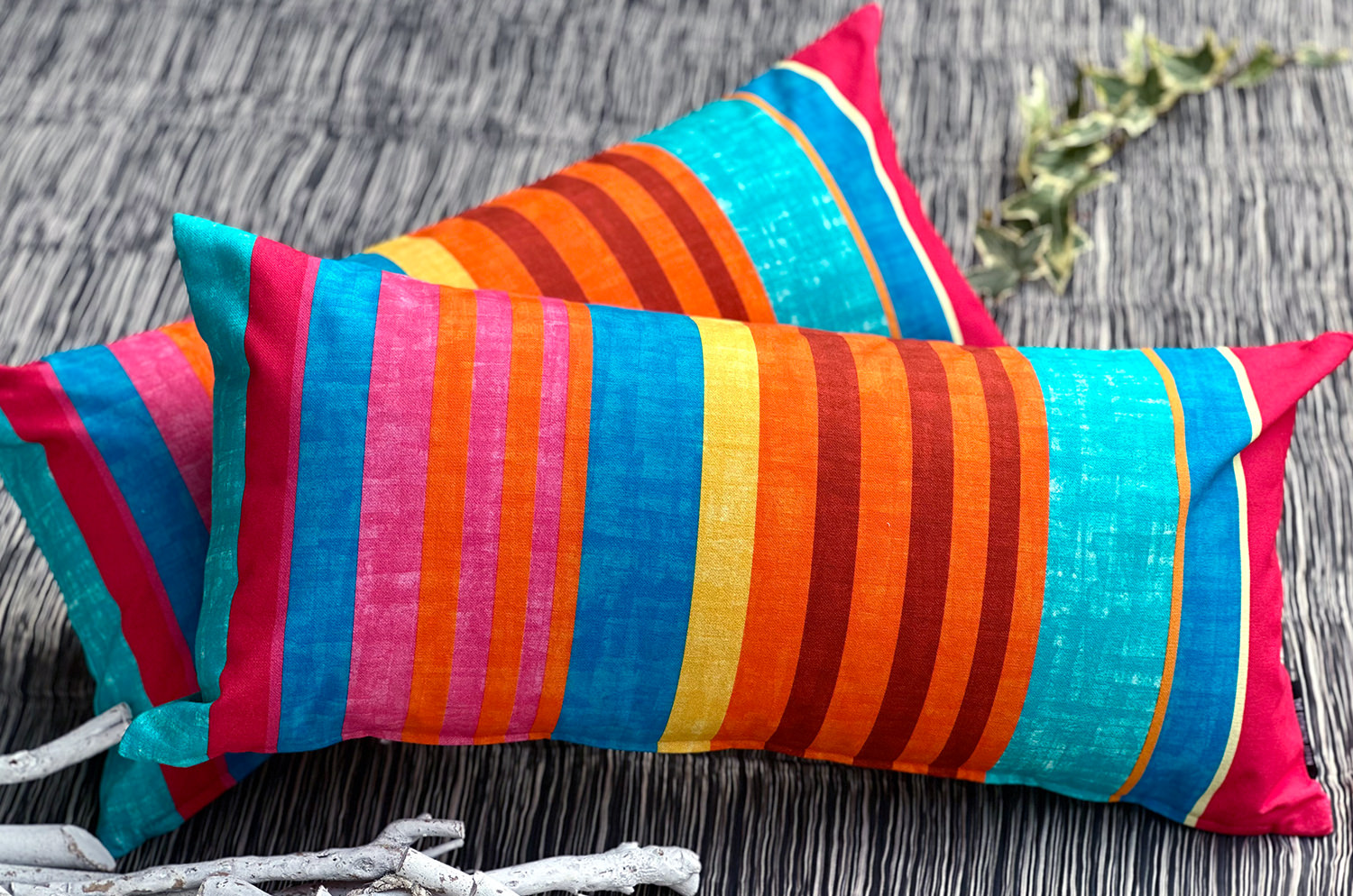 The French cotton マルチストライプ フレンチコットン100% クッション 65×32cm 中材付